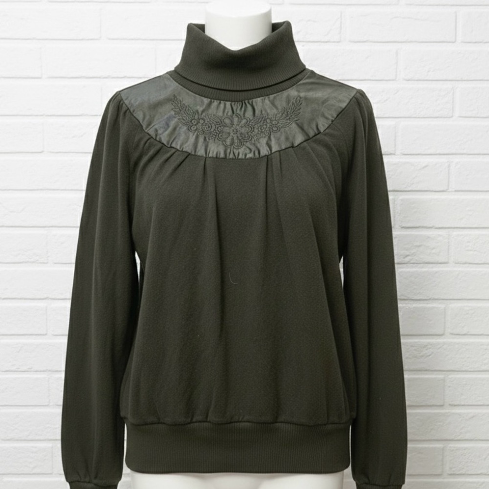 VTG 80s Sheridan Black Floral Embroidered Turtleneck Corporate Goth Minimalist